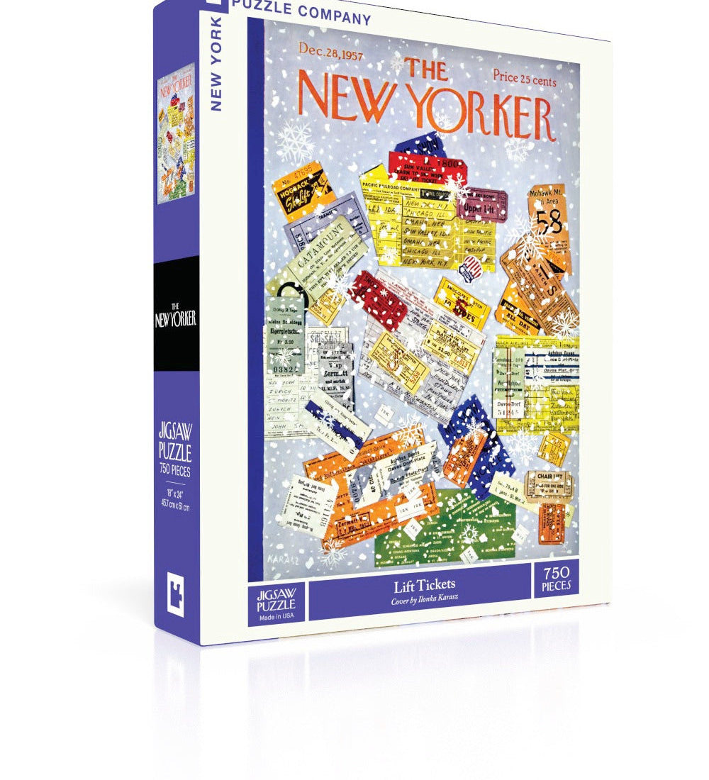 New York Puzzle Co Lift Tickets 750 piece jigsaw puzzle featuring vintage illustrated ski passes available at Be Charmed