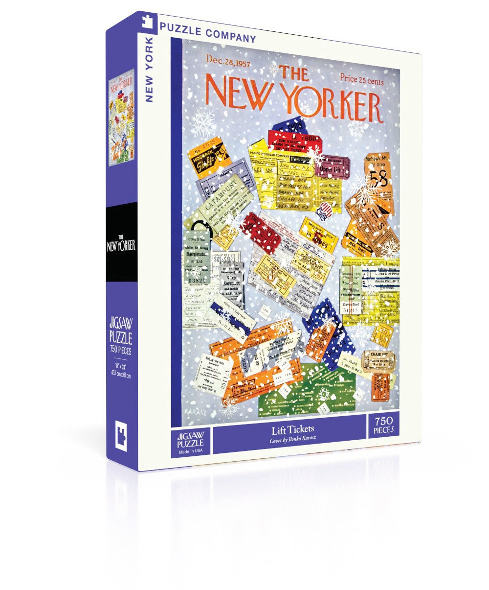 New York Puzzle Co Lift Tickets 750 piece jigsaw puzzle featuring vintage illustrated ski passes available at Be Charmed