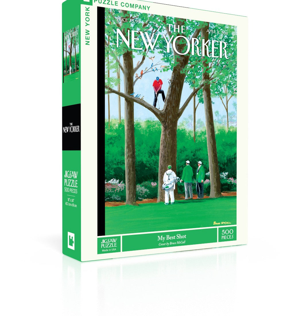 New York Puzzle Co My Best Shot 500 piece jigsaw puzzle featuring a classic golf illustration available at Be Charmed