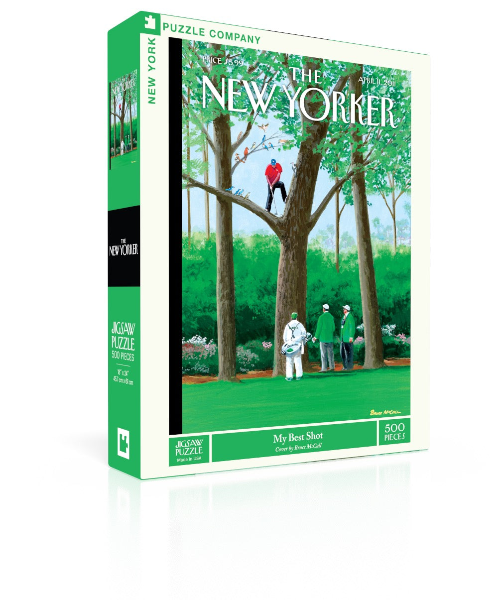 New York Puzzle Co My Best Shot 500 piece jigsaw puzzle featuring a classic golf illustration available at Be Charmed