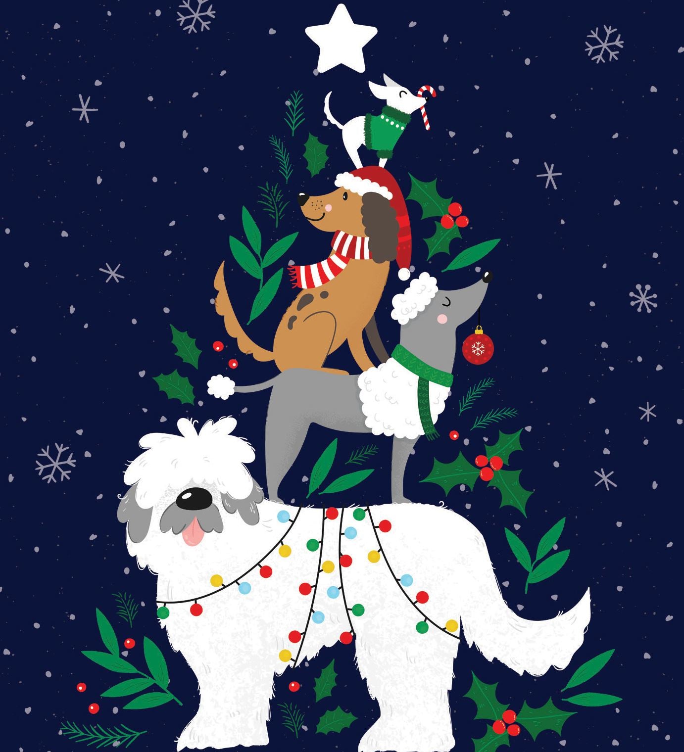 Pictura Christmas Tree Dogs Christmas card featuring a cute dogs decorating a crhistmas tree available at Be Charmed