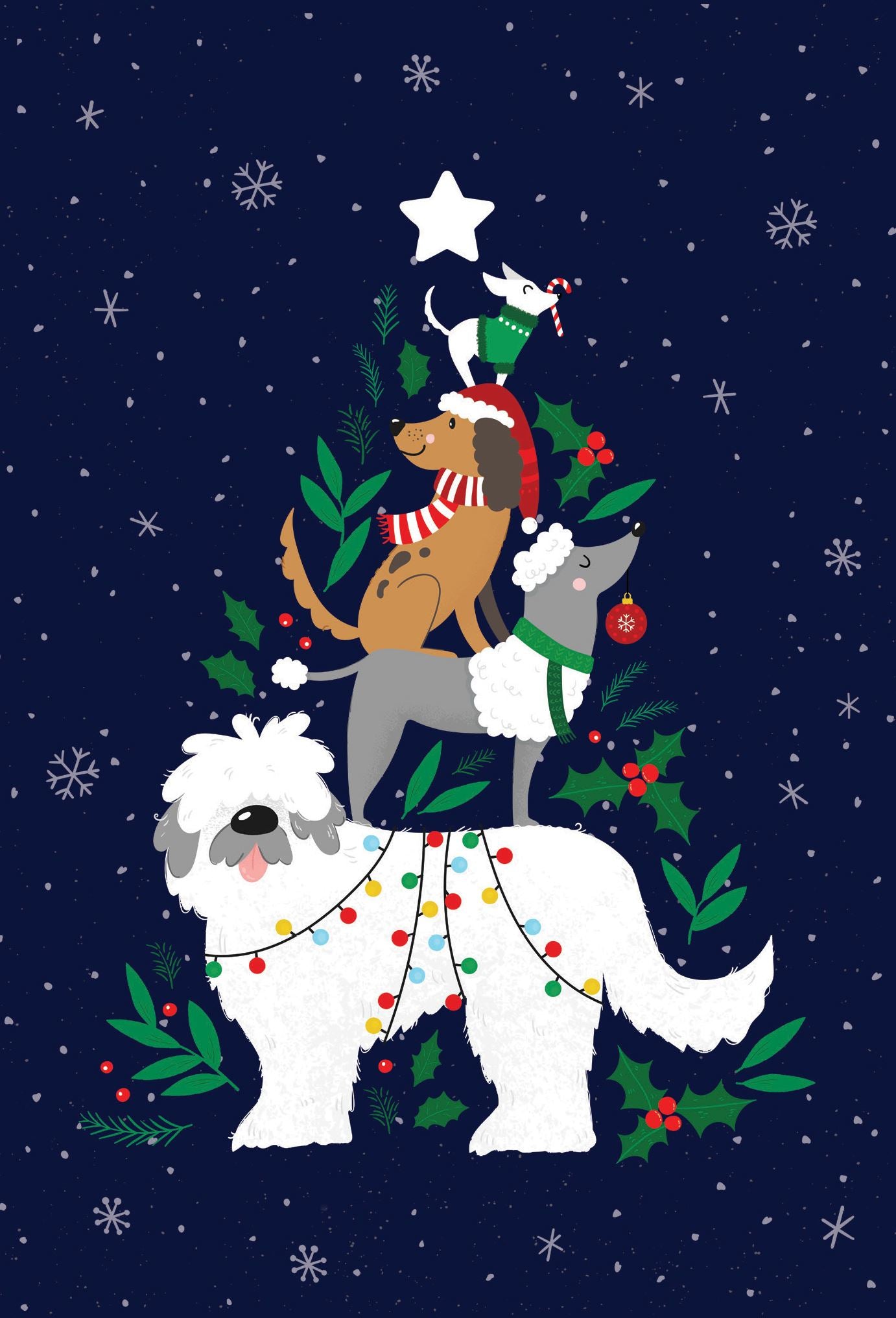 Pictura Christmas Tree Dogs Christmas card featuring a cute dogs decorating a crhistmas tree available at Be Charmed