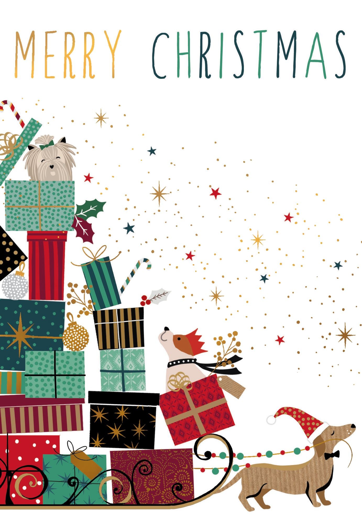 Pictura Classic Santa Merry Christmas card featuring Santa carrying a sled, tree, and wreath available at Be Charmed