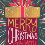Pictura Merry Christmas to You greeting card featuring a red and gold present design available at Be Charmed