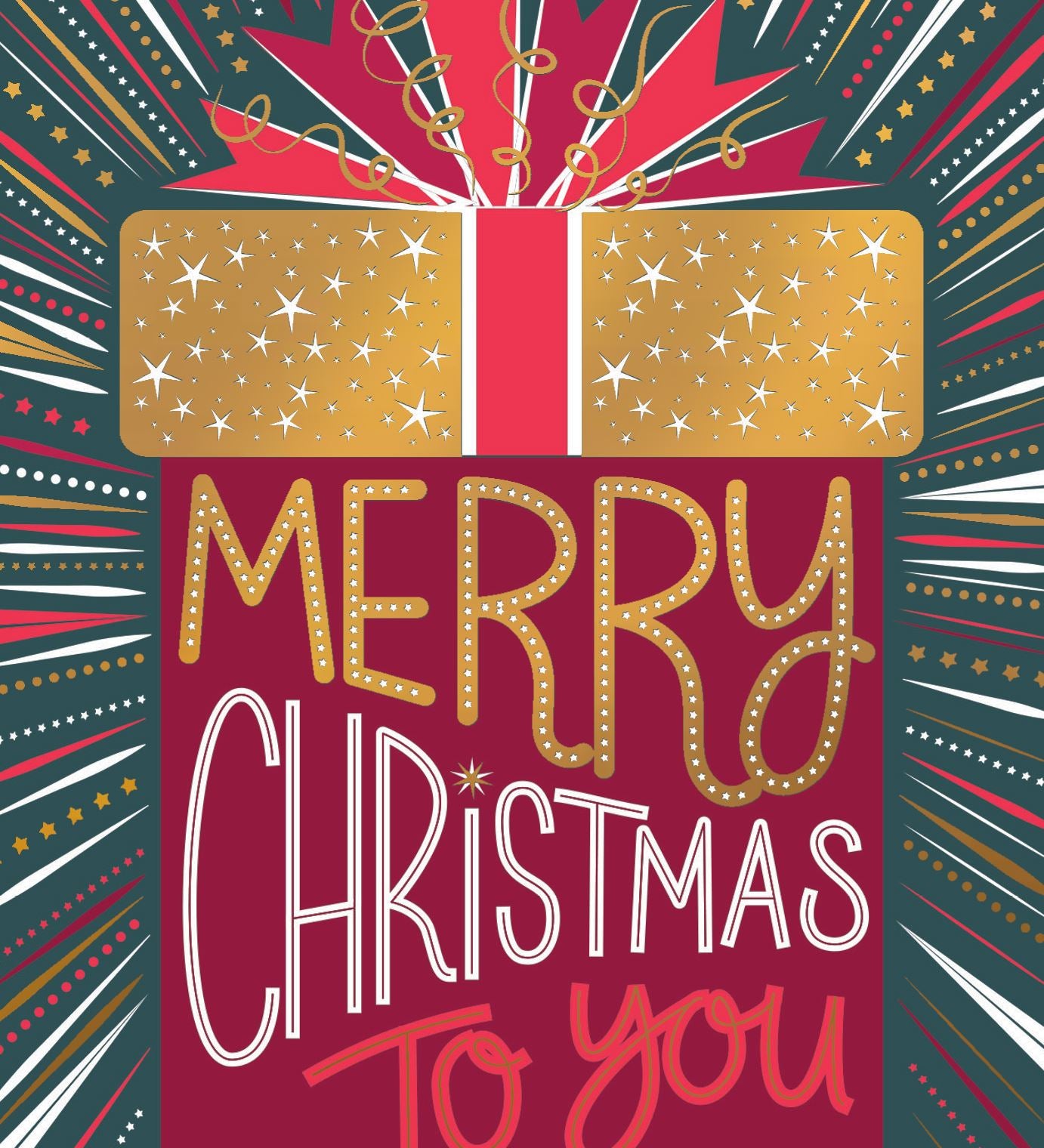 Pictura Merry Christmas to You greeting card featuring a red and gold present design available at Be Charmed