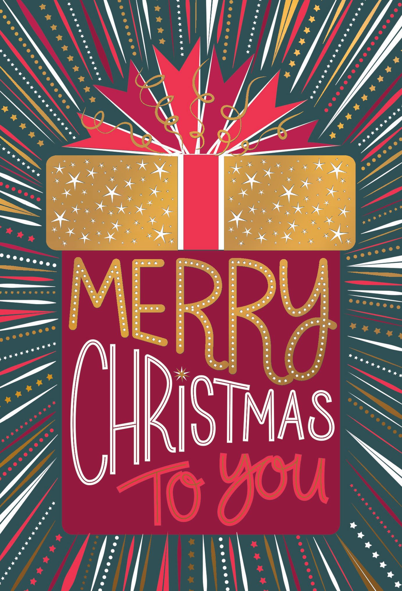 Pictura Merry Christmas to You greeting card featuring a red and gold present design available at Be Charmed