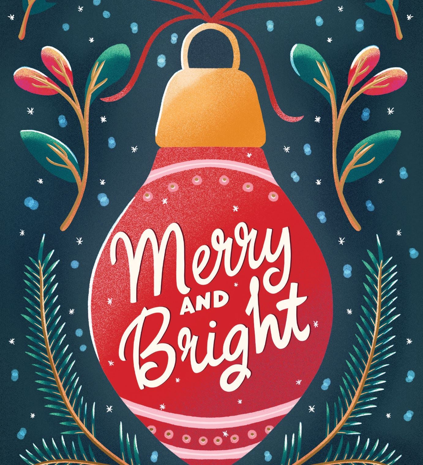 Pictura Merry and Bright Christmas card featuring a red ornament with gold foil cap and branches border available at Be Charmed