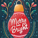 Pictura Merry and Bright Christmas card featuring a red ornament with gold foil cap and branches border available at Be Charmed