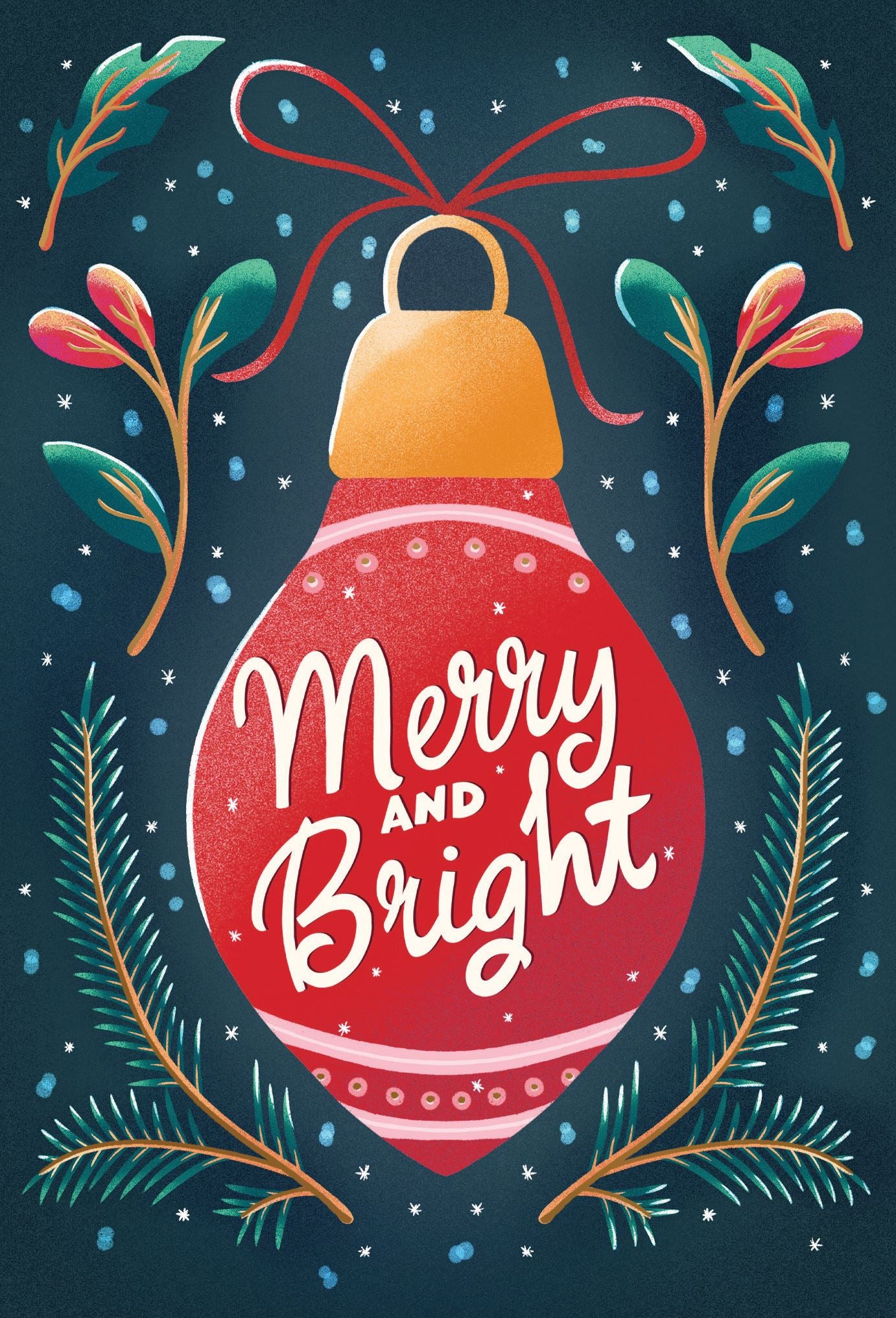Pictura Merry and Bright Christmas card featuring a red ornament with gold foil cap and branches border available at Be Charmed