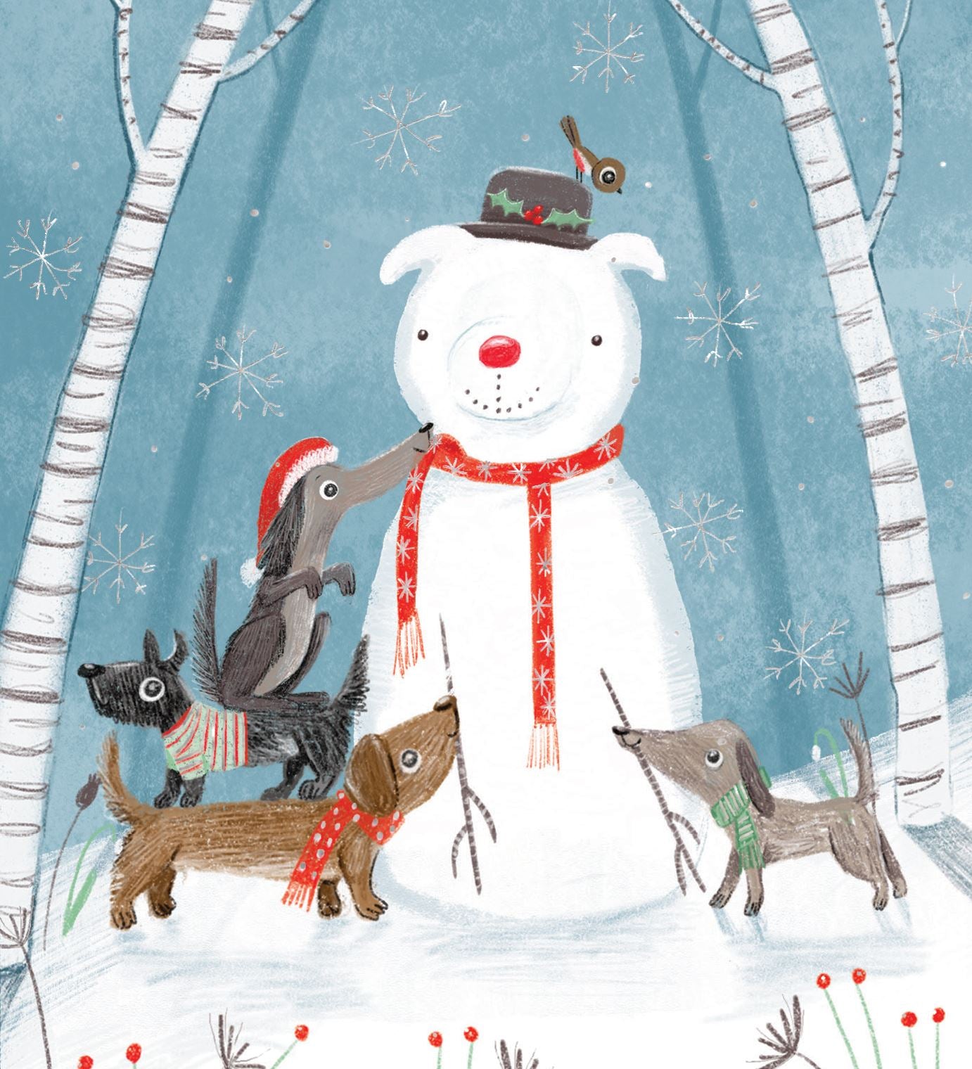 Pictura Snow Dog Christmas card featuring four dogs making a dog-shaped snowman in the forest available at Be Charmed
