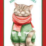 Pictura Warm and Cozy Wishes Christmas card featuring a grey cat wearing a green sweater and red scarf available at Be Charmed