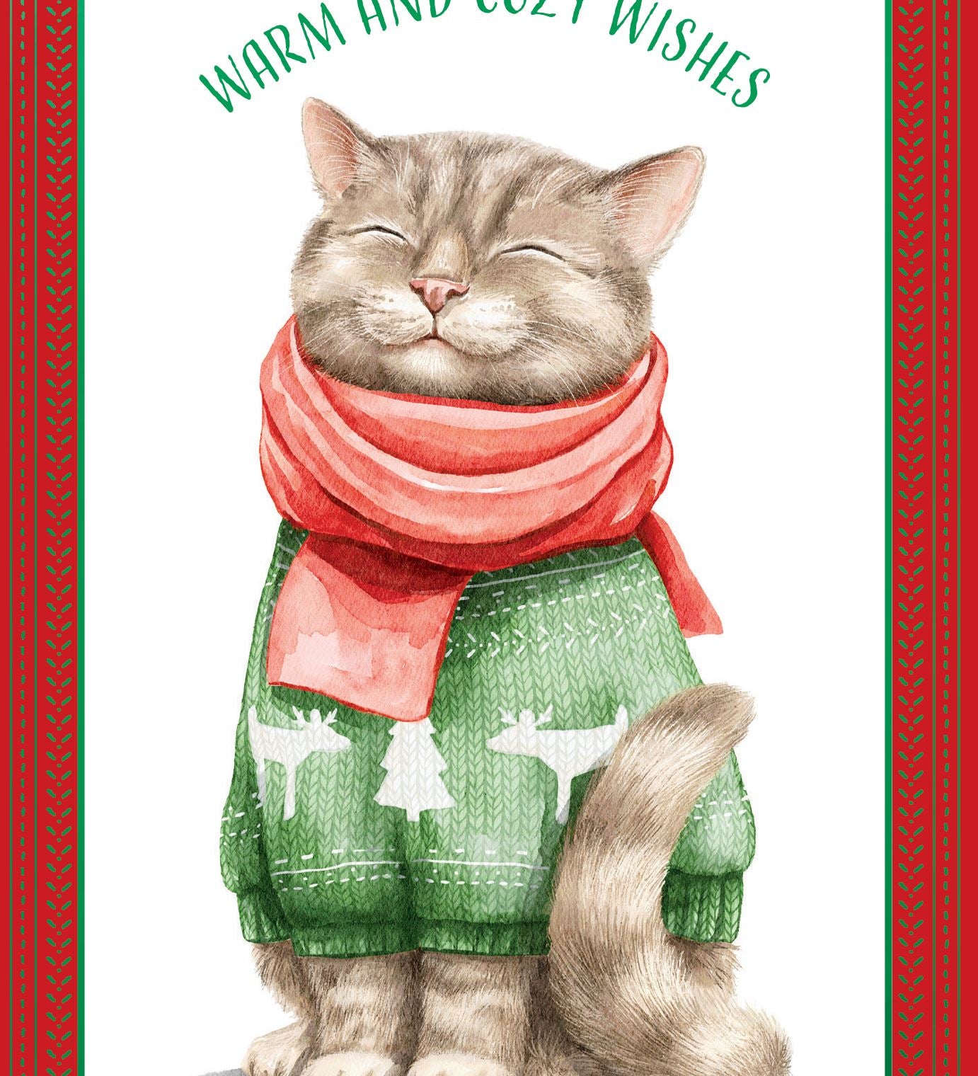 Pictura Warm and Cozy Wishes Christmas card featuring a grey cat wearing a green sweater and red scarf available at Be Charmed