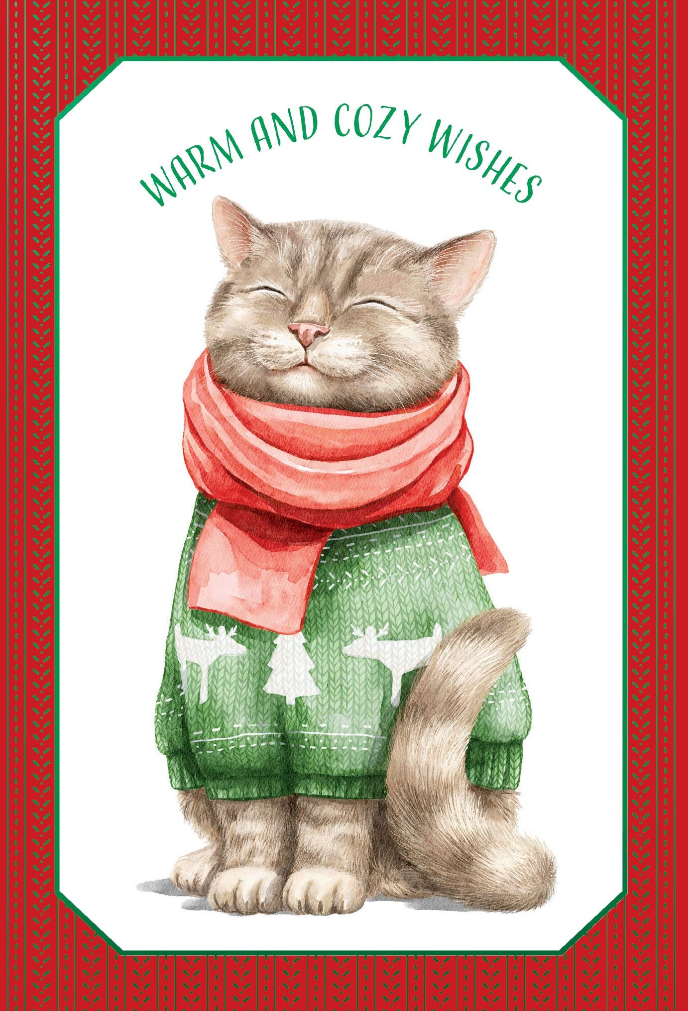 Pictura Warm and Cozy Wishes Christmas card featuring a grey cat wearing a green sweater and red scarf available at Be Charmed