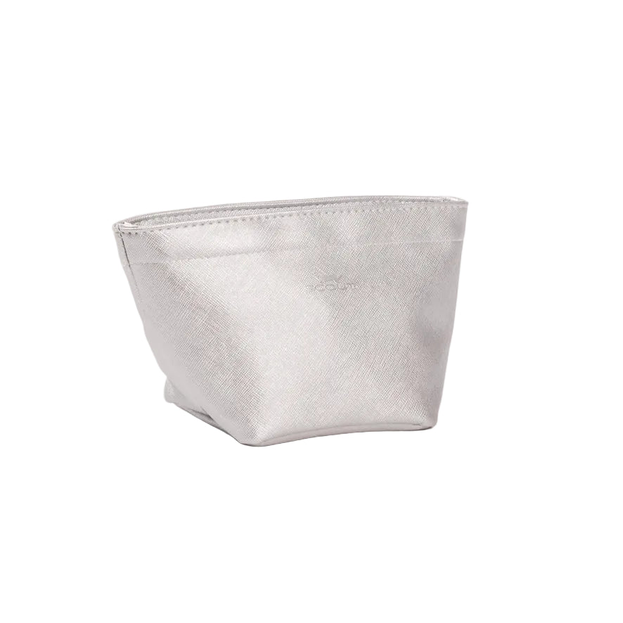 Silver Faux Leather Scout Crown Jewels cosmetic pouch featuring a water-resistant zipper bag for tra