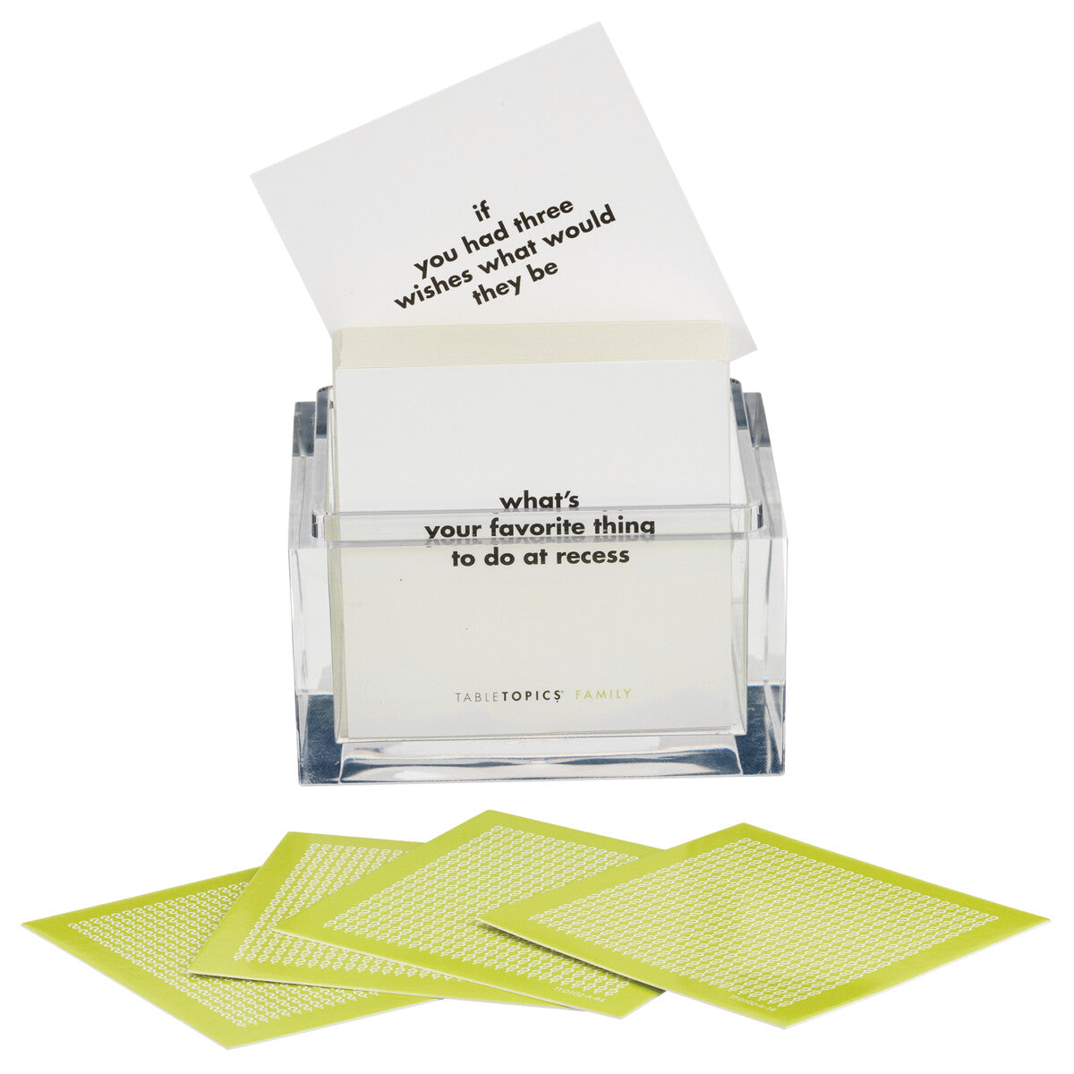 TableTopics Table Topics conversation starter cards acrylic cube containing thought-provoking question cards available at Be Charmed