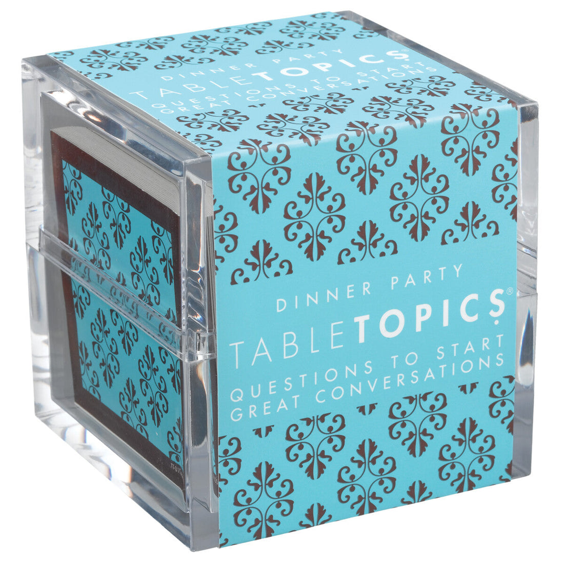 Dinner Party TableTopics Table Topics conversation starter cards acrylic cube containing thought-provoking question cards available at Be Charmed