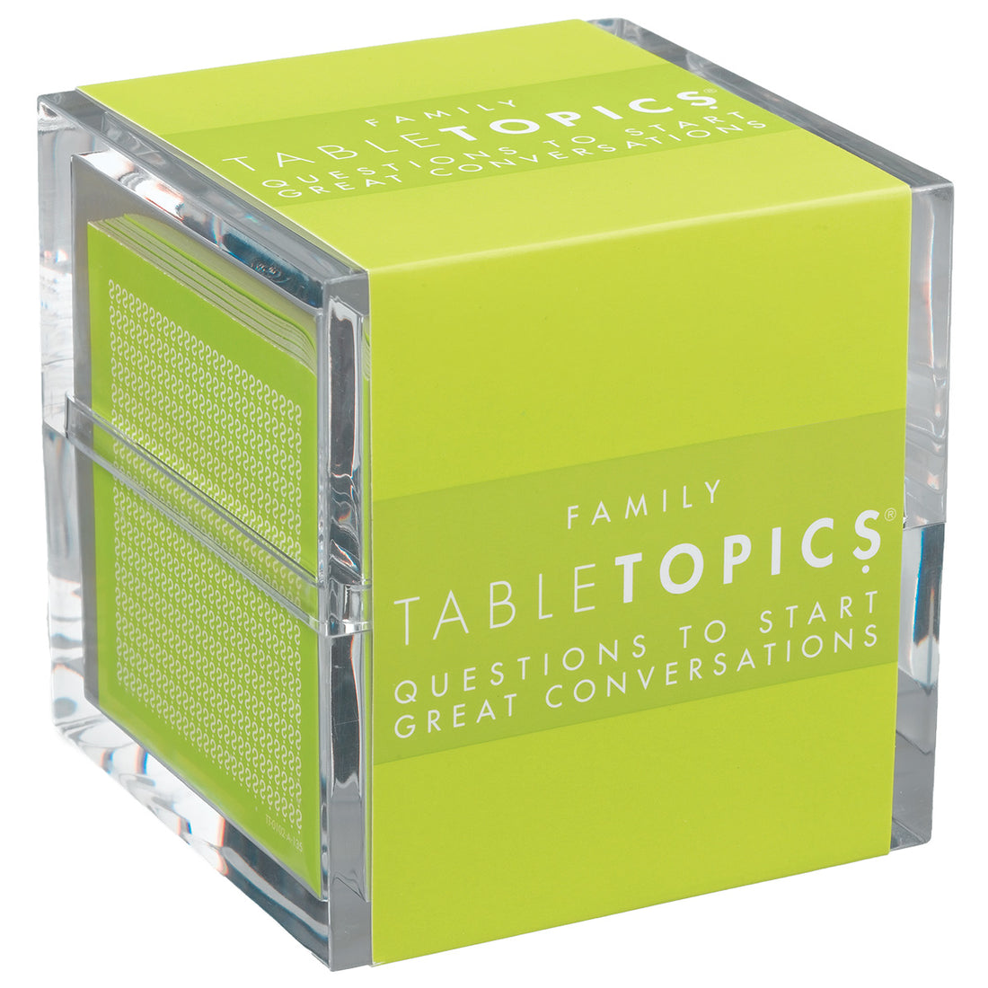 Family TableTopics Table Topics conversation starter cards acrylic cube containing thought-provoking question cards available at Be Charmed