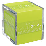 Family TableTopics Table Topics conversation starter cards acrylic cube containing thought-provoking question cards available at Be Charmed