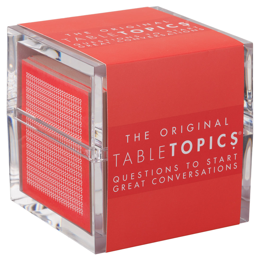 Original TableTopics Table Topics conversation starter cards acrylic cube containing thought-provoking question cards available at Be Charmed