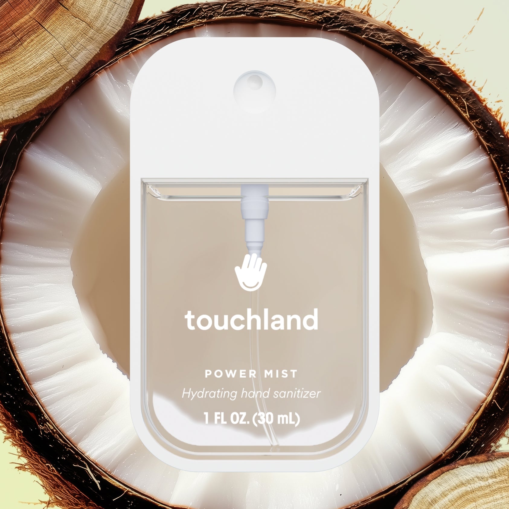 Touchland power mist hydrating hand sanitizer packaging on a coconut half. Available at Be Charmed