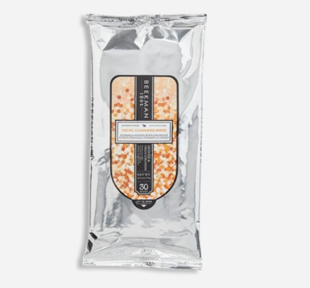 Beekman 1802 Facial Cleansing Wipes in a 30-count pack, enriched with goat milk, aloe, and CoQ10, available at Be Charmed