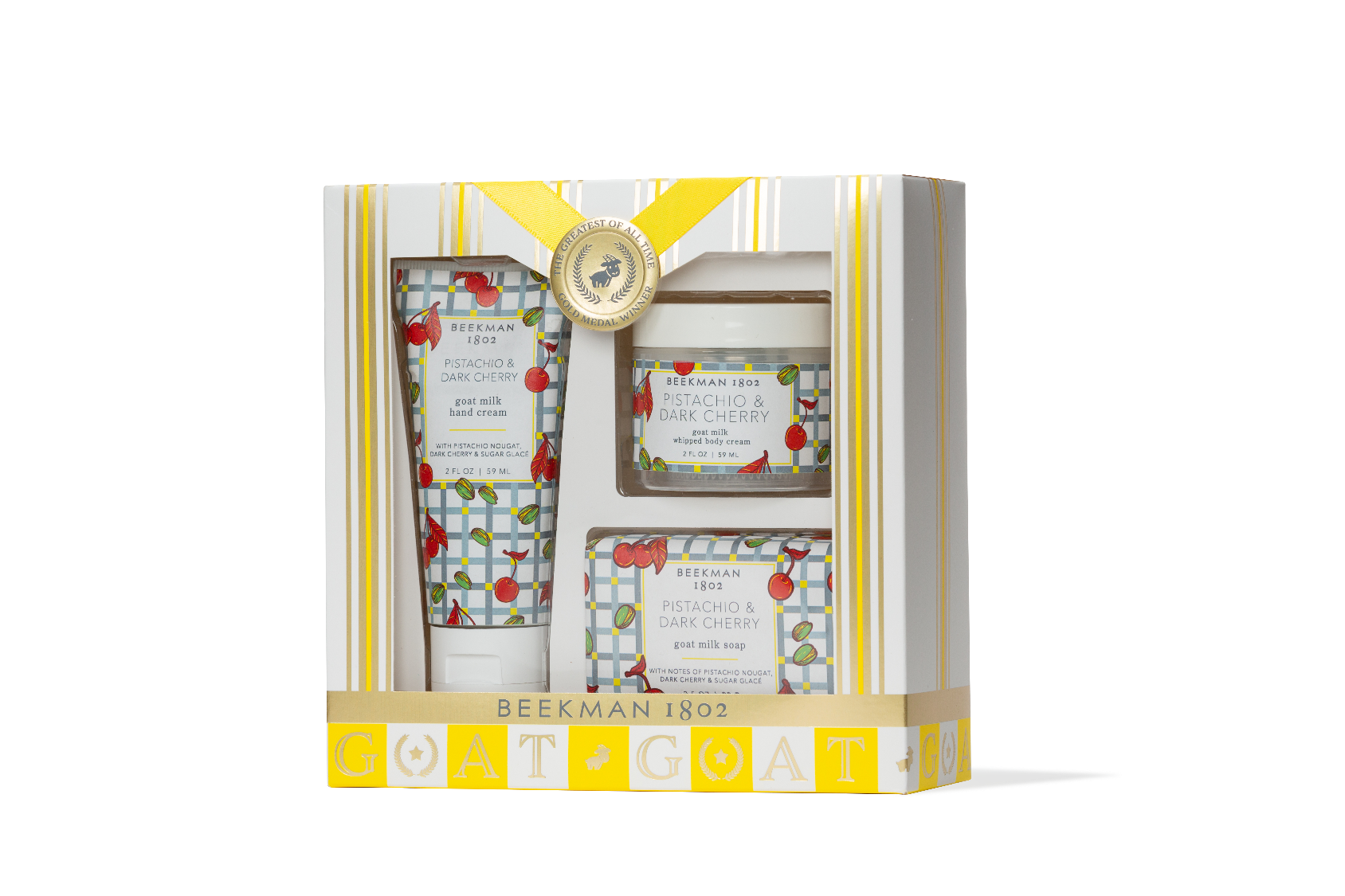 Beekman 1802 gift set with a bottle and two cards on a white background. Available at Be Charmed