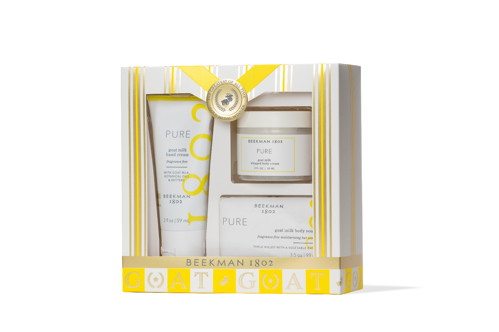 Beekman 1802 skincare product set with tube and jar in a decorative box on a white background. Available at Be Charmed