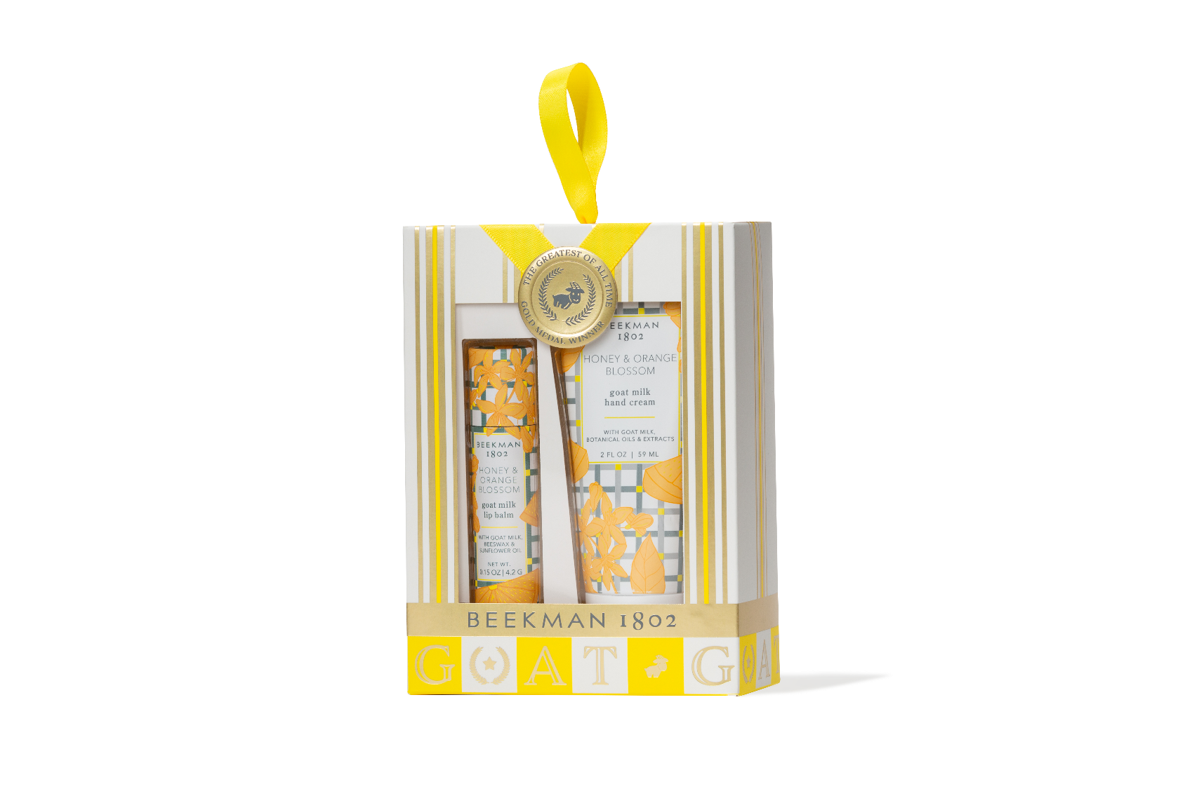 Beekman 1802 gift set with yellow accents on a white background. Available at Be Charmed