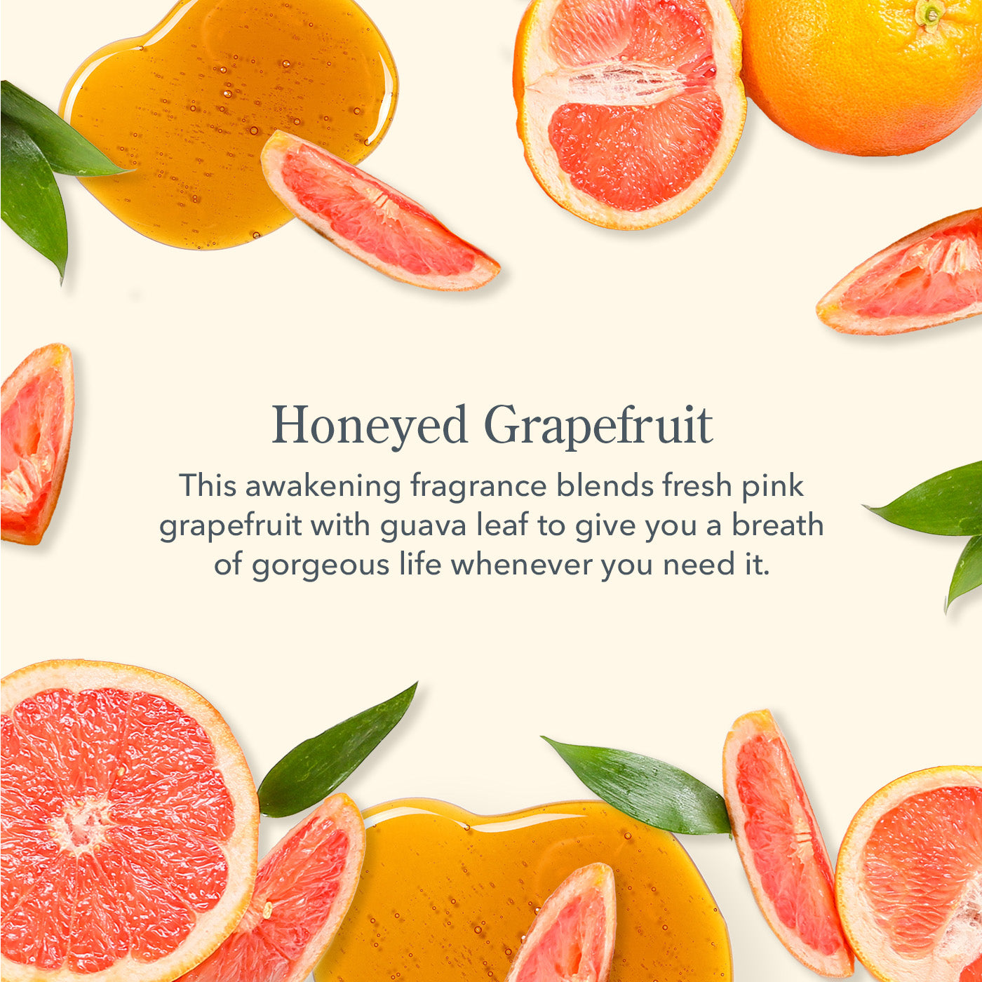 Scent description for Beekman 1802 Honeyed Grapefruit Bar Soap in a 9oz size, featuring a blend of goat milk, guava leaf, and citrus notes, available at Be Charmed