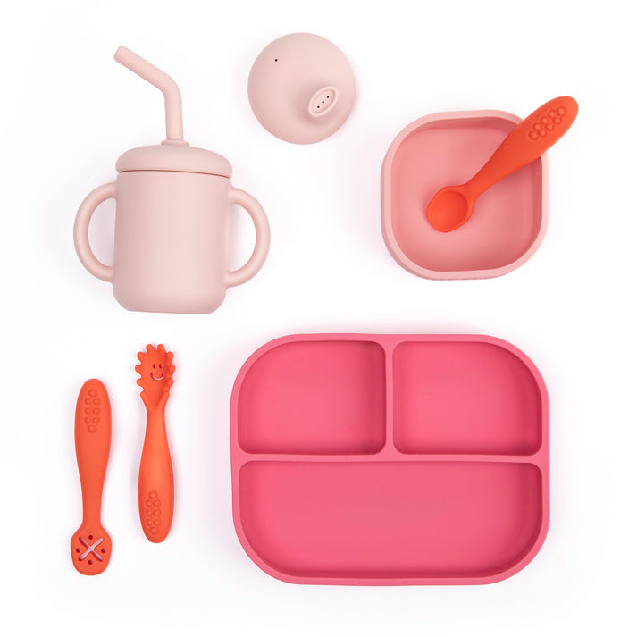 Bella Tunno Garden Party Little Bites Set in pink, featuring a 3-in-1 cup, suction plate, starter bowl, and utensils, available at Be Charmed.