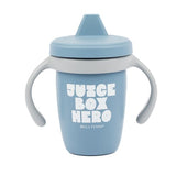 Bella Tunno "Juice Box Hero" Happy Sippy Cup in blue, featuring a playful design and soft, food-grade silicone, available at Be Charmed.