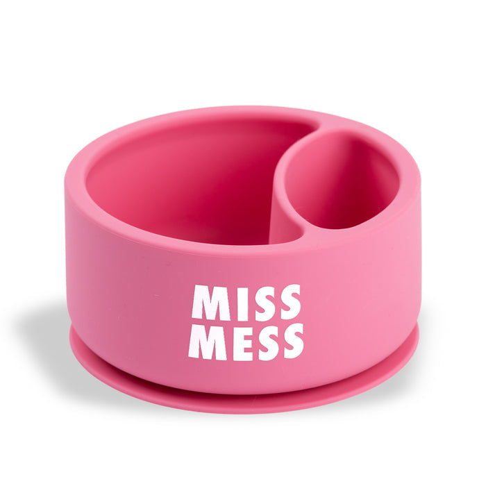 Bella Tunno Miss Mess Wonder Bowl in pink, featuring a suction base and curved lip, available at Be Charmed.