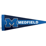 Blue and white pennant with 'M' and 'MEDFIELD' on a white background.  Available at Be Charmed