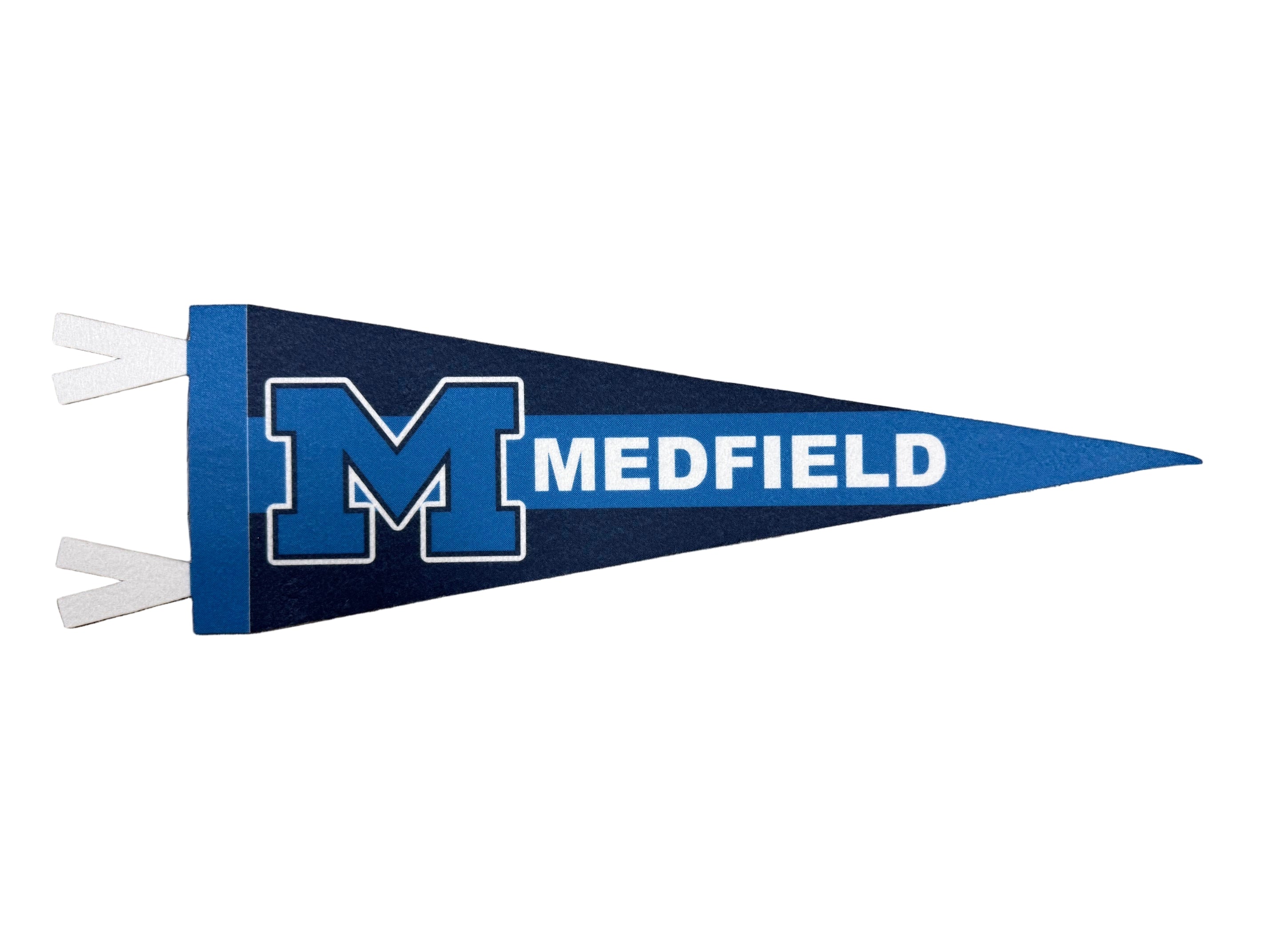 Blue and white pennant with 'M' and 'MEDFIELD' on a white background.  Available at Be Charmed
