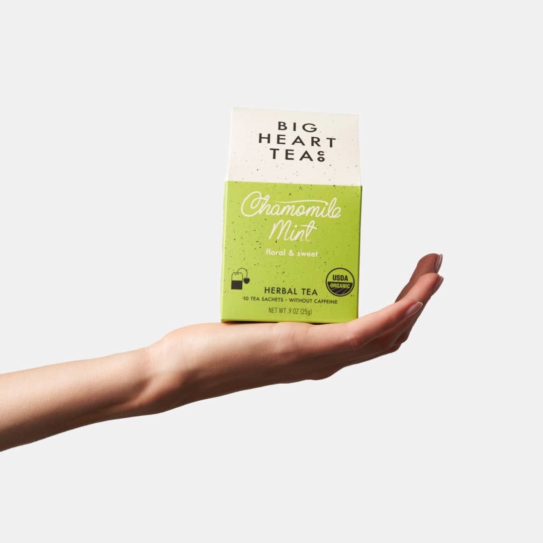 Big Heart Tea Co. Chamomile Mint Tea Bags packaging, featuring a calming blend of organic chamomile, spearmint, and lemongrass. Available at Be Charmed