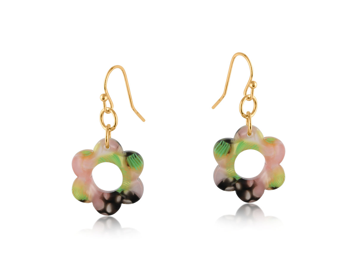 Big Metal London Fiona Floral Resin Earrings in pink & green marbled resin, 2.5 cm floral drop on surgical‑steel hooks—Available at Be Charmed.