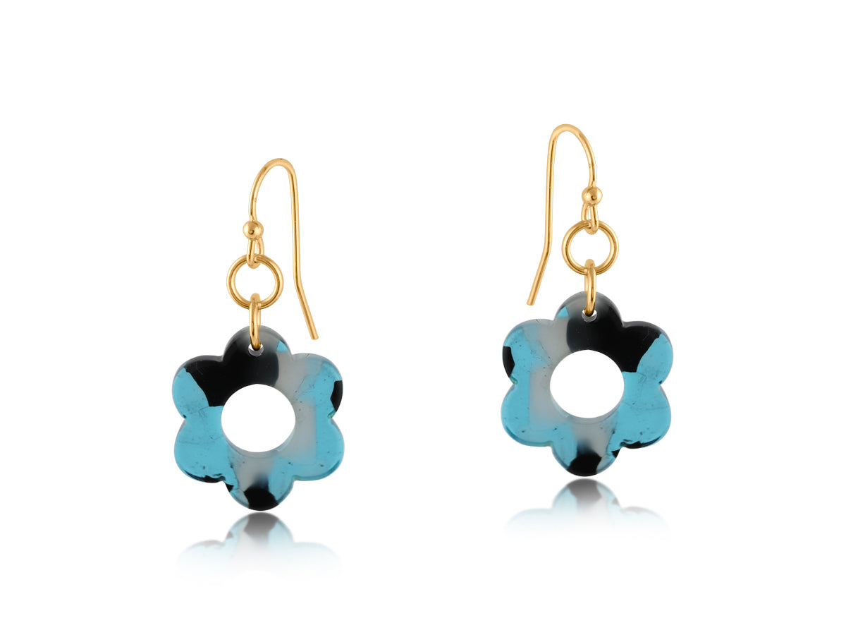 Big Metal London Lottie Daisy Resin Earrings, daisy-shaped marbled resin in blue/black, 2.5 cm drop on surgical-steel hooks—available at Be Charmed.