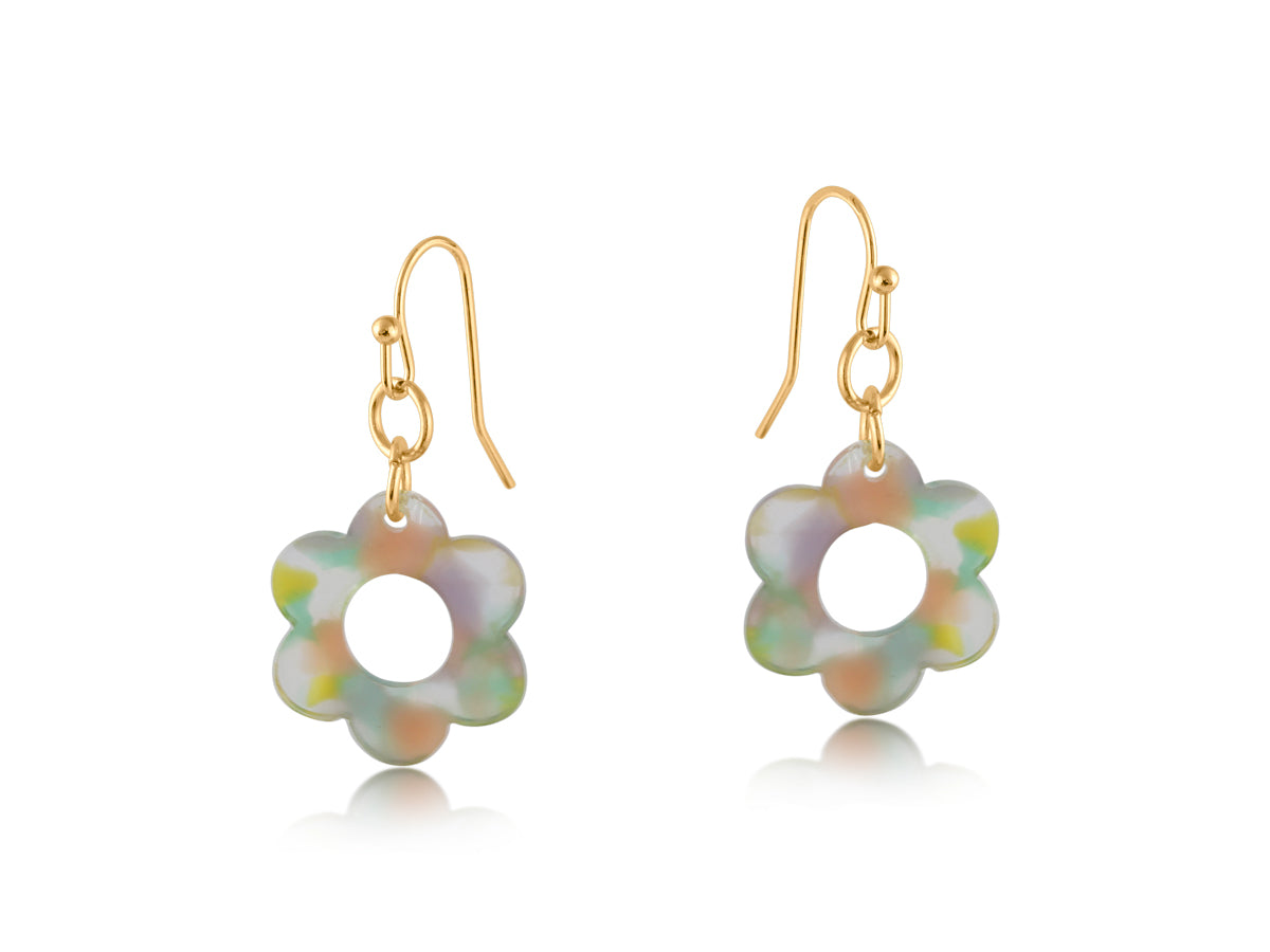 Big Metal London Lottie Daisy Resin Earrings in lilac, pink & green marbled resin, 2.5 cm floral drops on surgical‑steel hooks—Available at Be Charmed.