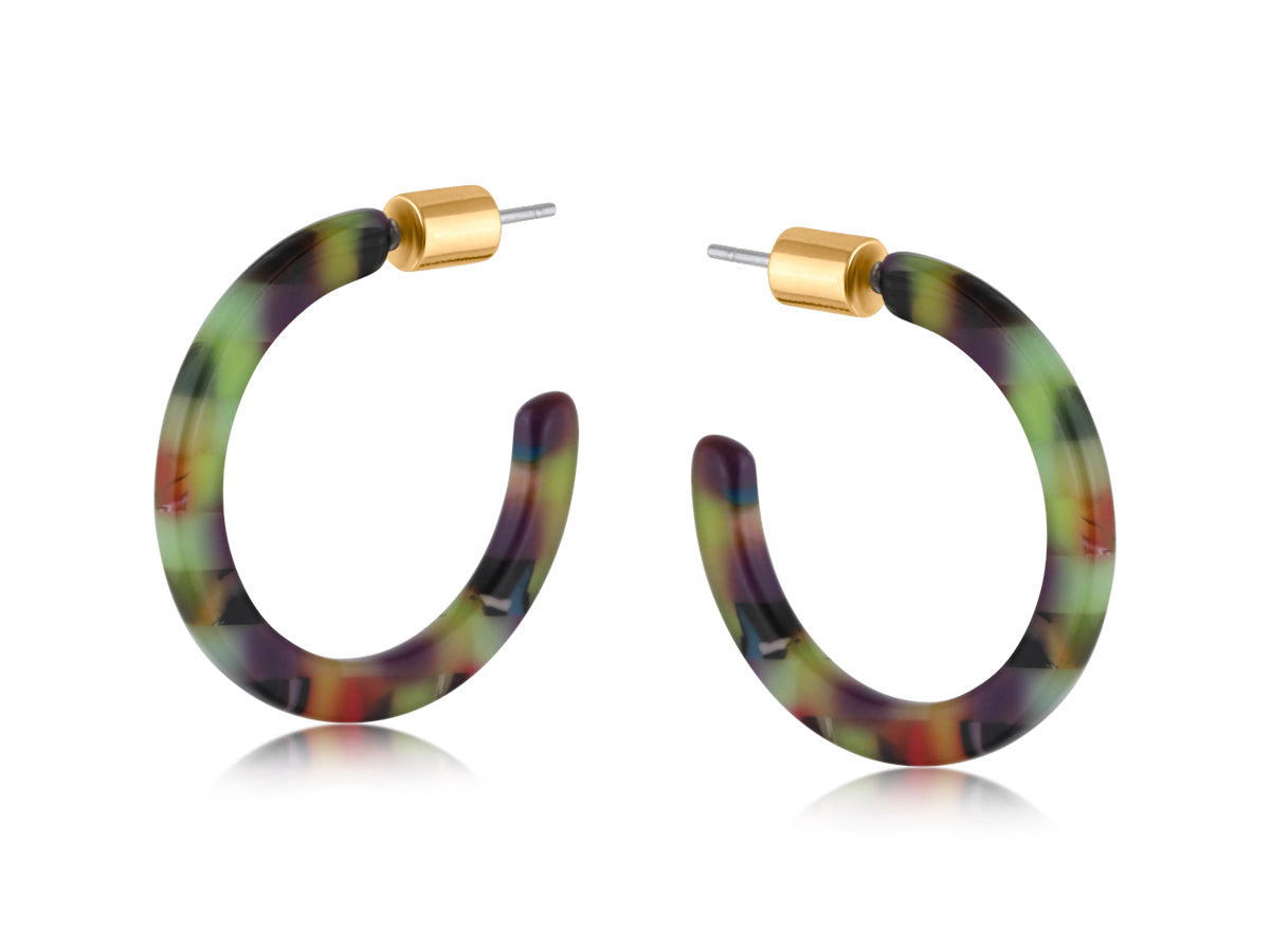 Big Metal London Marie Skinny Resin Hoop Earrings in lilac‑blue mix, 2.5 cm diameter, lightweight recycled resin with surgical steel posts—Available at Be Charmed.