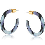 Big Metal London Resin Skinny Sylvia Lilac Earrings – pastel lilac resin hoops with gold-tone accents, handmade and hypoallergenic – Available at Be Charmed