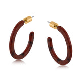 Big Metal London Oleandre thin resin hoop earrings in cacao black marbled resin, approx. 2.8 cm diameter, hypoallergenic surgical steel posts, lightweight sustainable style. Available at Be Charmed