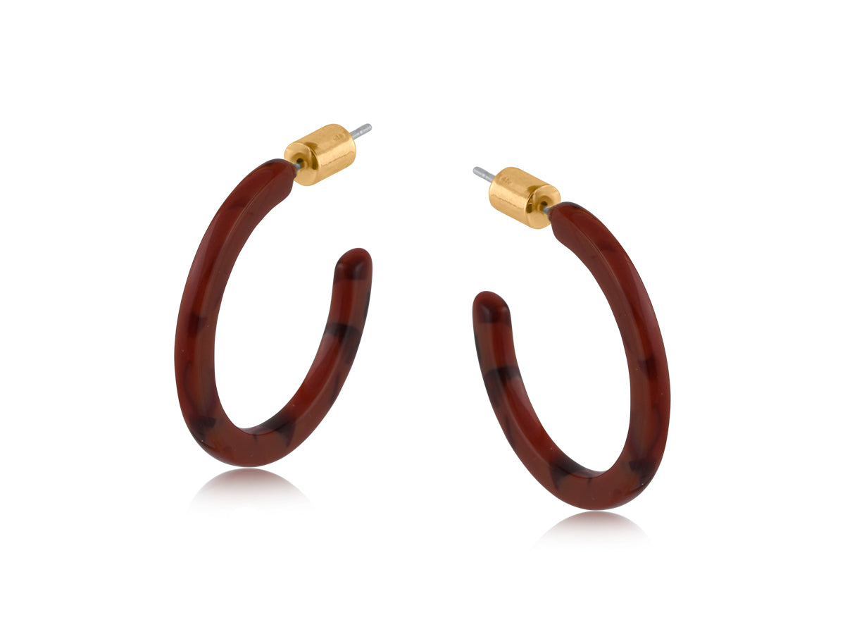 Big Metal London Oleandre thin resin hoop earrings in cacao black marbled resin, approx. 2.8 cm diameter, hypoallergenic surgical steel posts, lightweight sustainable style. Available at Be Charmed