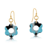 Flower-shaped resin earrings with gold hooks on a white background. Available at Be Charmed