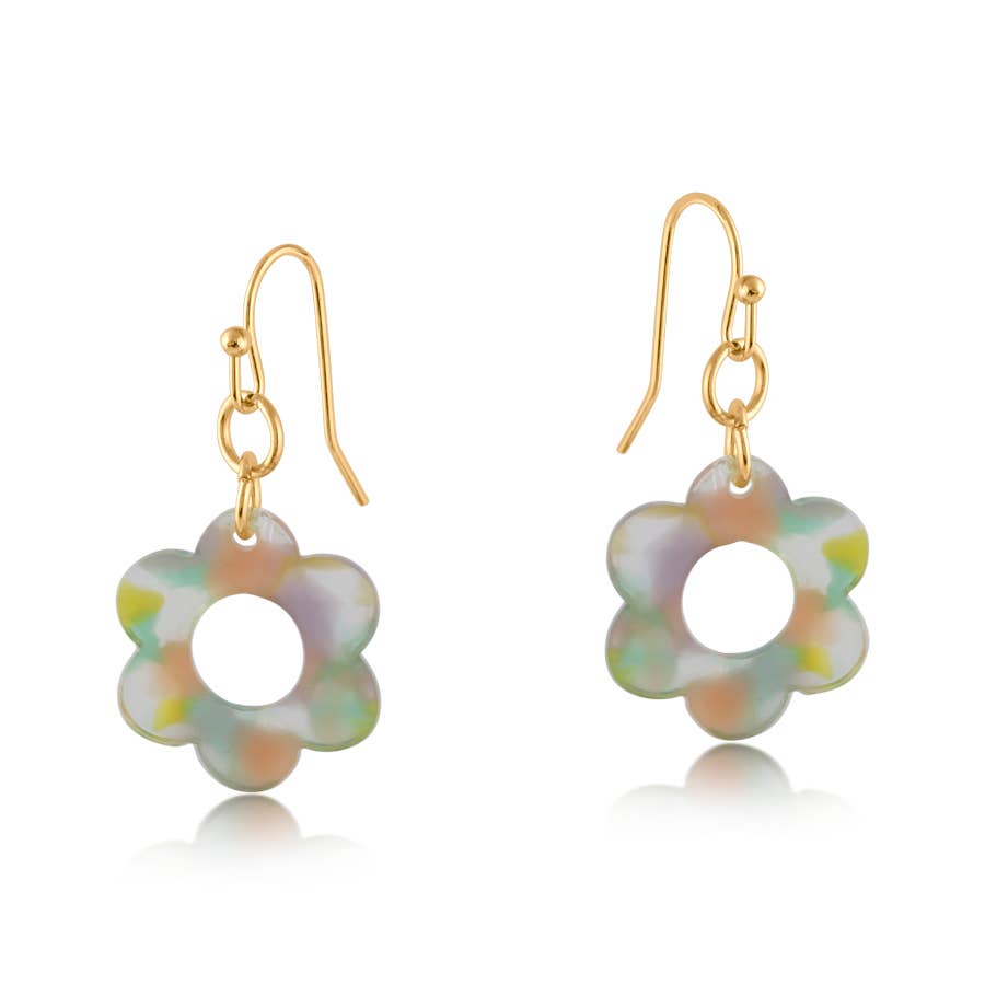 Flower-shaped resin earrings with gold hooks on a white background. Available at Be Charmed
