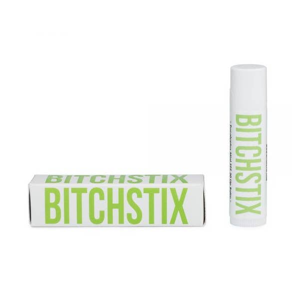 Eucalyptus Bitchstix lip balm and packaging on a white background. Available at Be Charmed