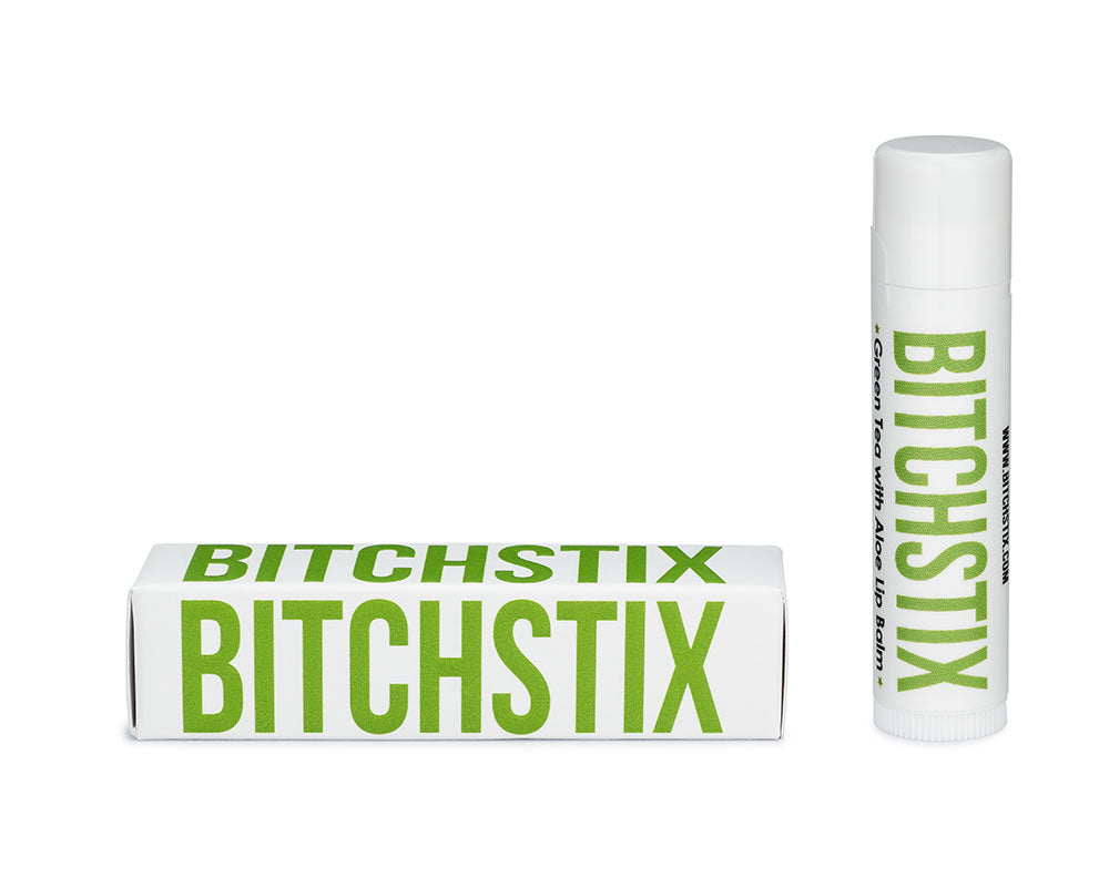 Bitchstix Matcha & ALoe lip balm packaging on a white background. Available at Be Charmed