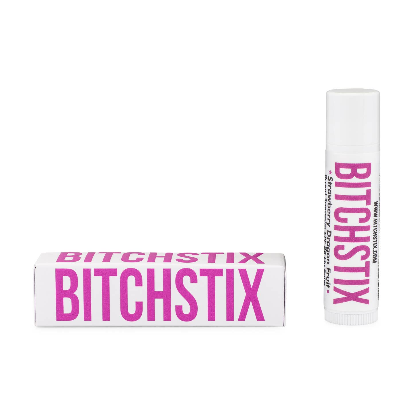Strawberry Dragonfruit Bitchstix lip balm packaging on a white background. Available at Be Charmed