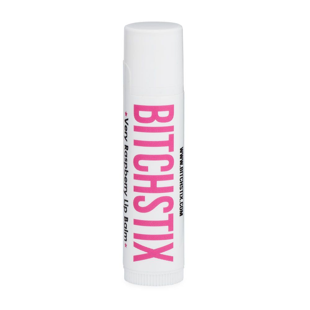 Bitchstix Very Raspberry SPF 30 Lip Balm tube featuring bold pink branding and SPF 30 protection, available at Be Charmed.