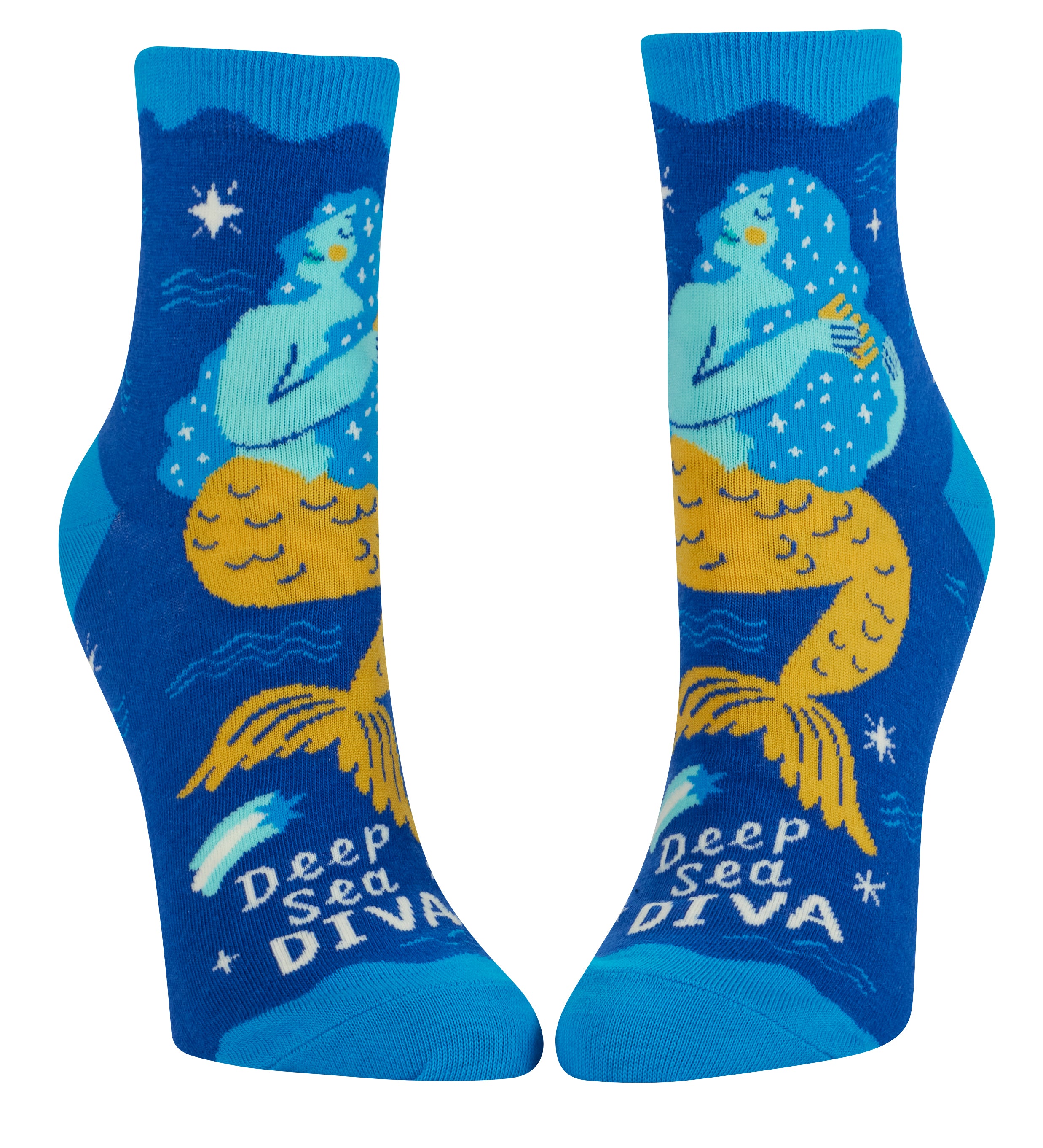 Blue socks with mermaid design and 'Deep Sea Diva' text on a white background. Available at Be Charmed