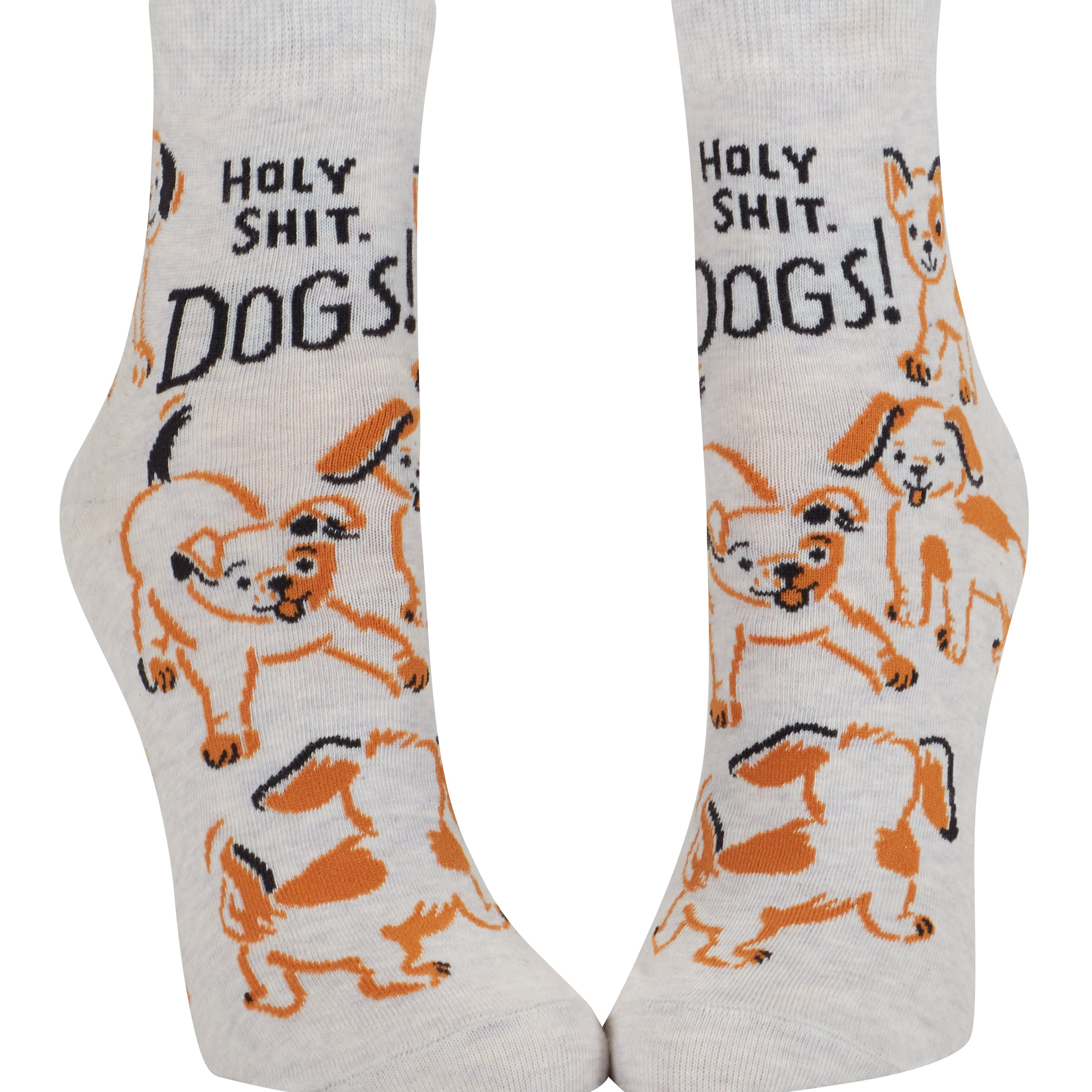 Pair of socks with dog illustrations and text on a white background. Available at Be Charmed